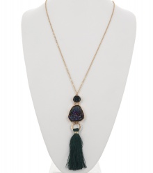 Double Druzy Pendant W/Tassel Long Necklace