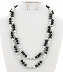 Bead Glass Pearl Long Necklace & Earring Set