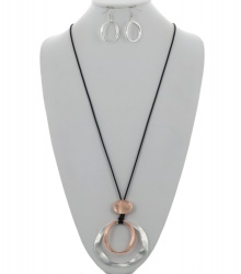 Metal Round Pendant Long Necklace & Earring Set
