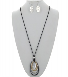 Metal Oval Pendant Long Necklace & Earring Set