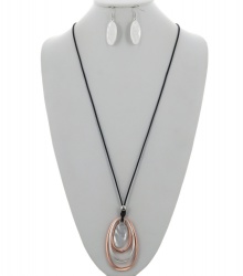Metal Oval Pendant Long Necklace & Earring Set