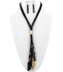 Metal Acetate Tassel Pendant Long Necklace & Earring Set