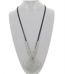 Metal Pendant Cord Long Necklace & Earring Set