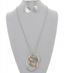 Metal Oval Pendant Long Necklace & Earring Set