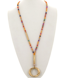 Round Pendant Glass Beads Long Necklace