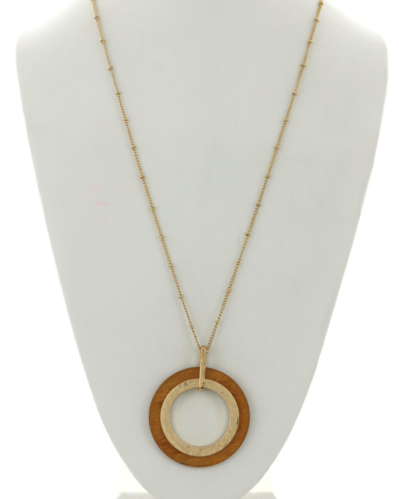 Hammered Hoop Wood Pendant Long Necklace