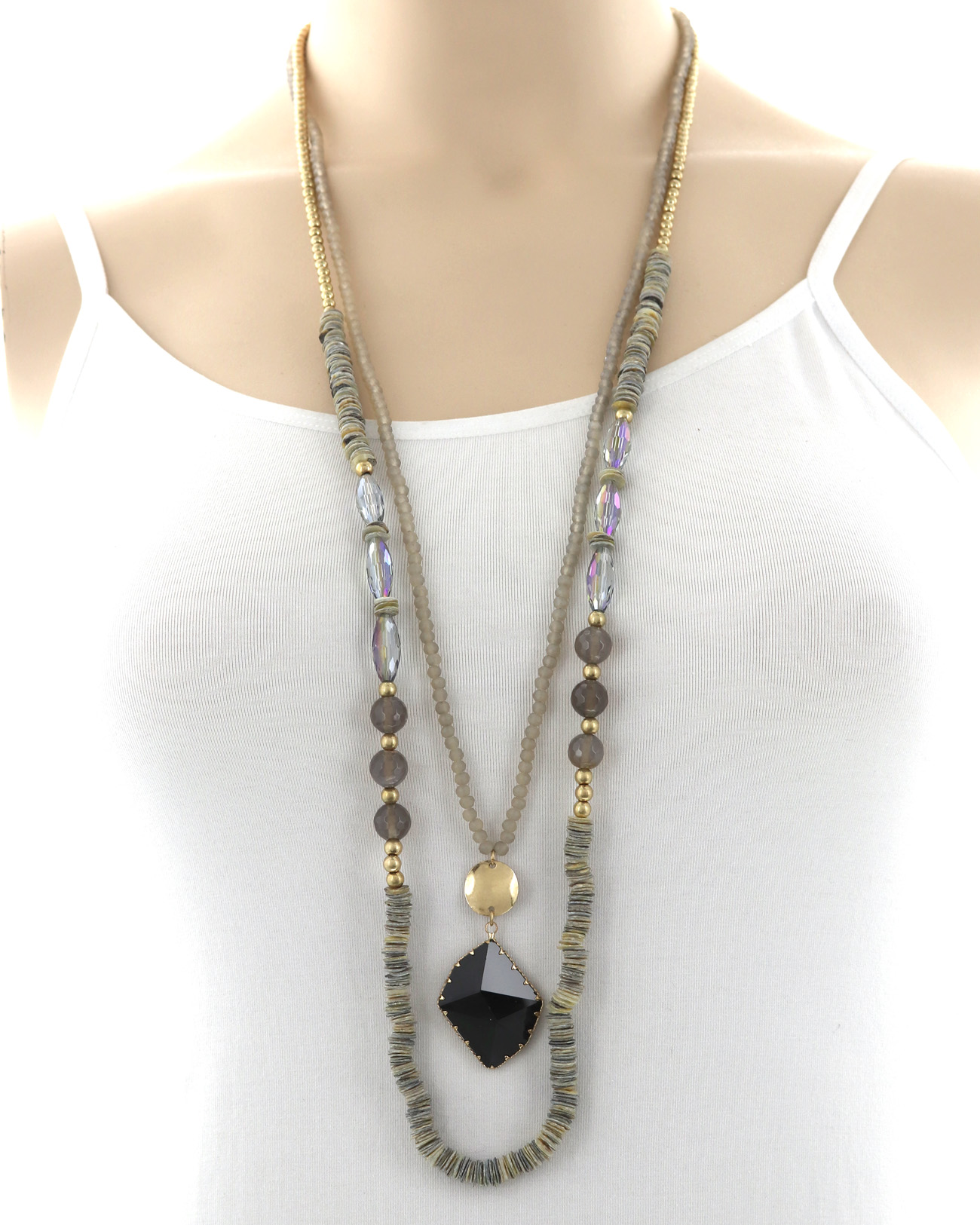 Multi Strand Glass Shell Stone Long Necklace