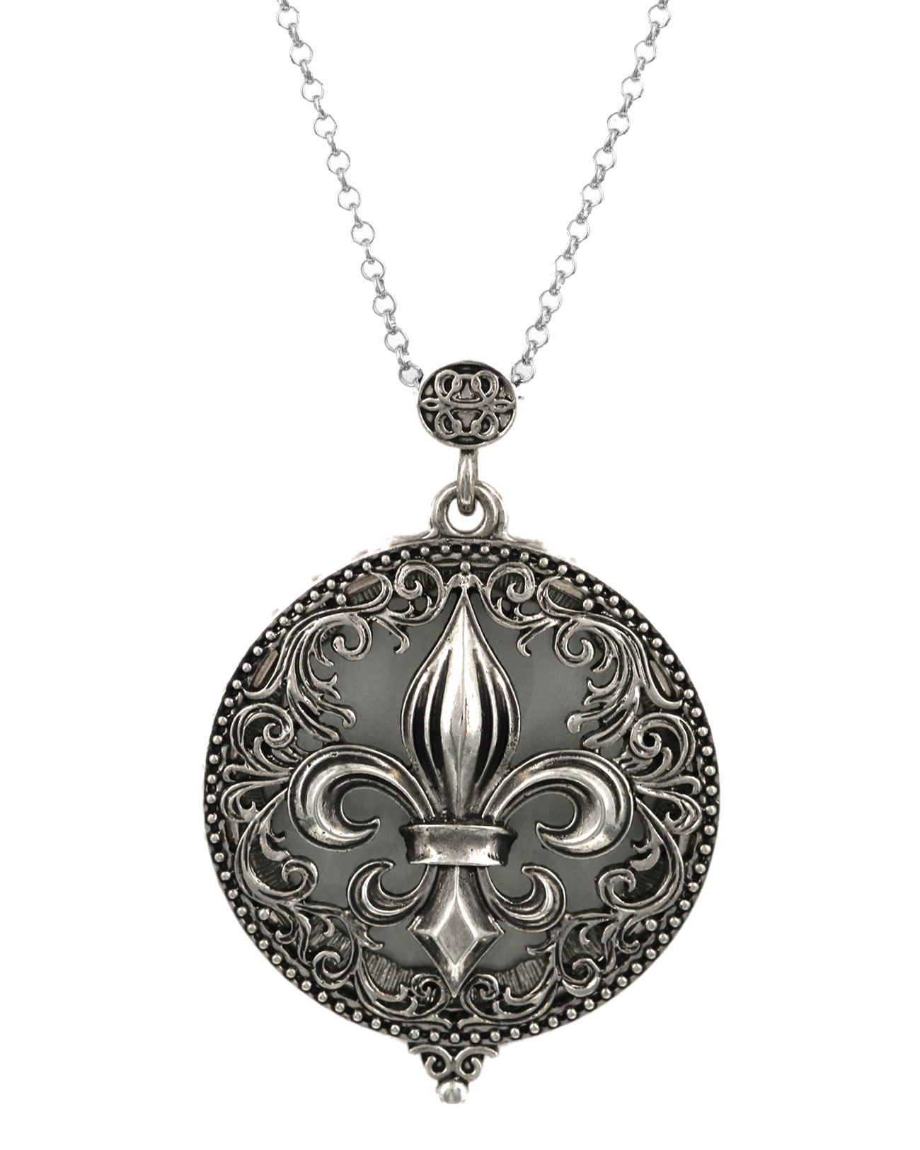 Fleur De Lis Magnifying Glass Metal Pendant Long Necklace