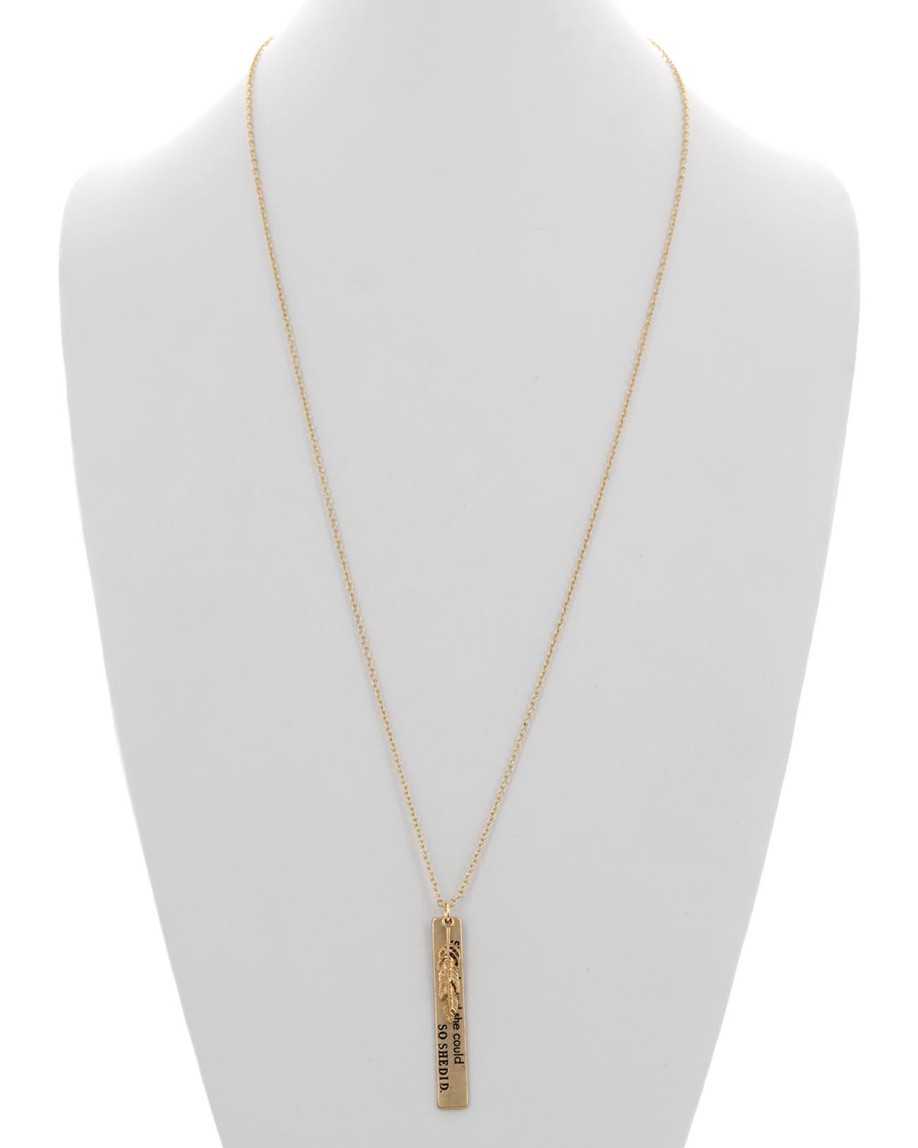 Feather Bar Message Charm Long Necklace