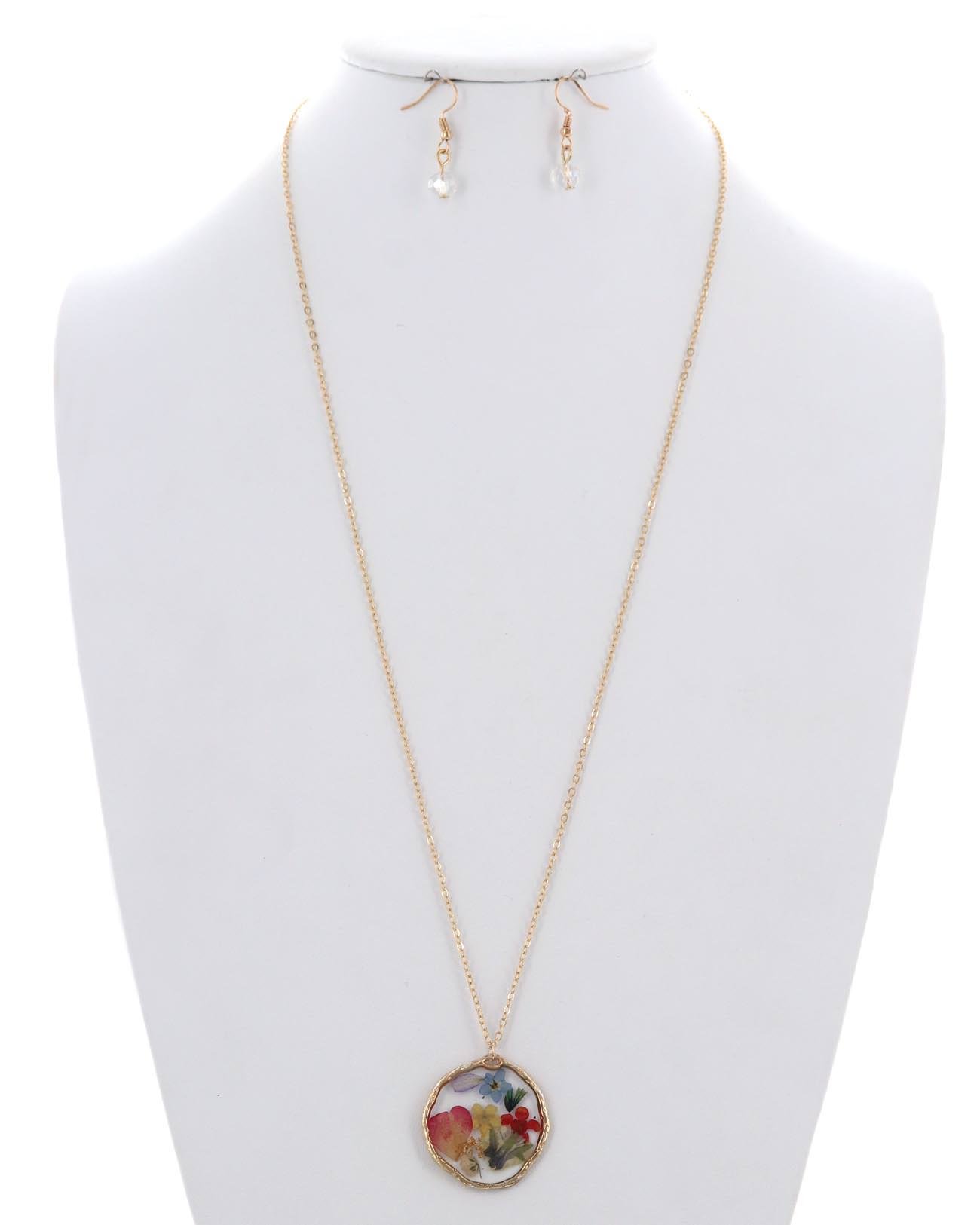 Dry Flower Metal Resin Pendant Long Necklace & Earring Set