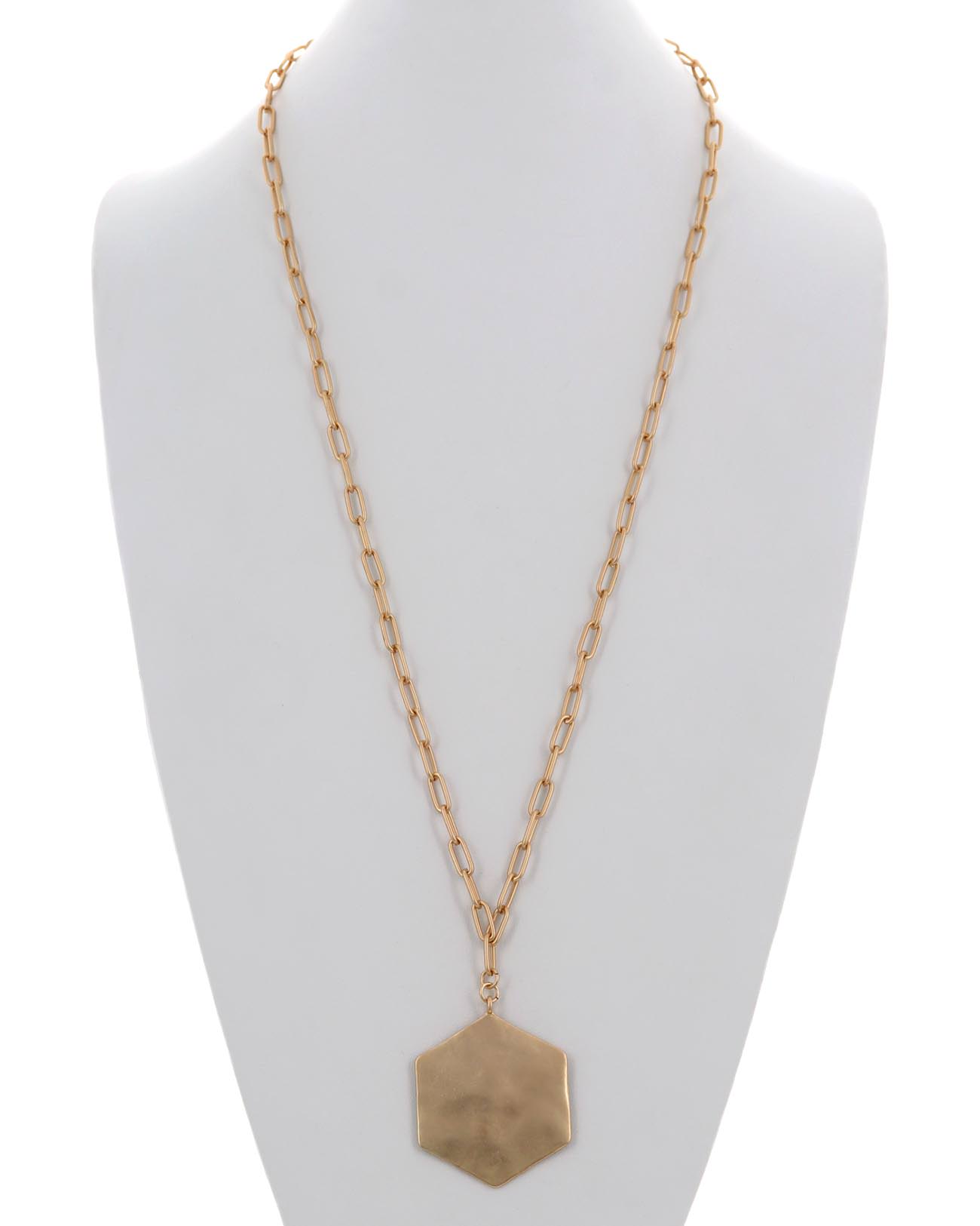 Hammered Metal Hexagon Pendant Long Necklace