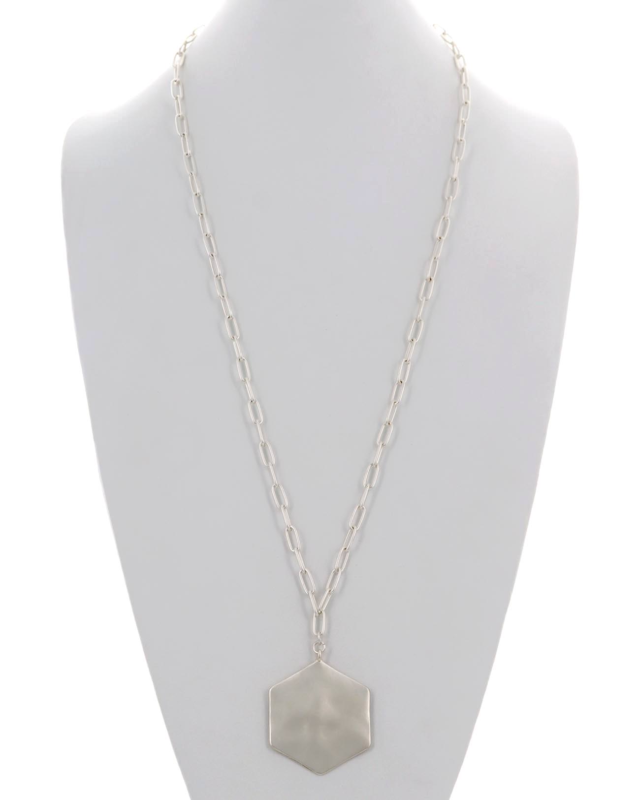 Hammered Metal Hexagon Pendant Long Necklace
