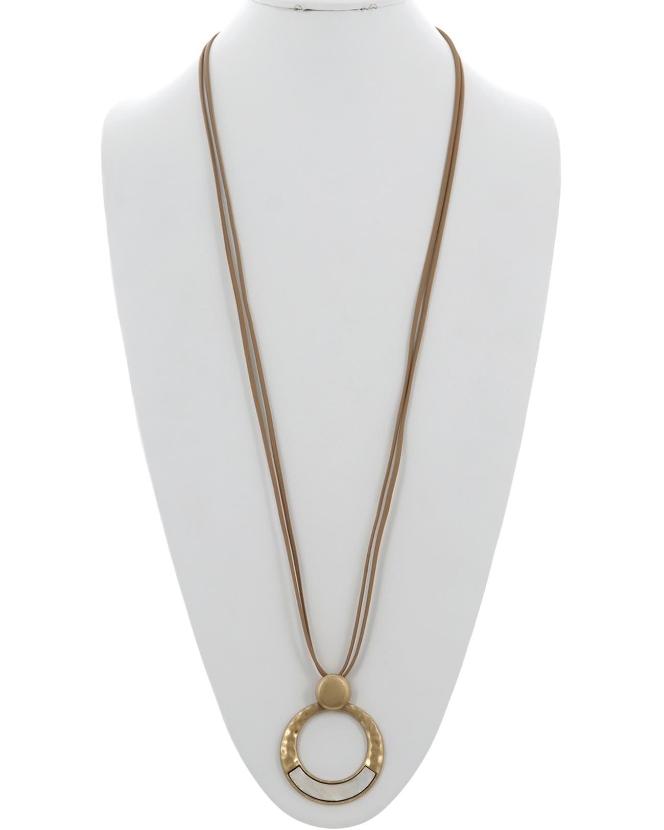 Cord Hammered Metal Round Pendant Long Necklace