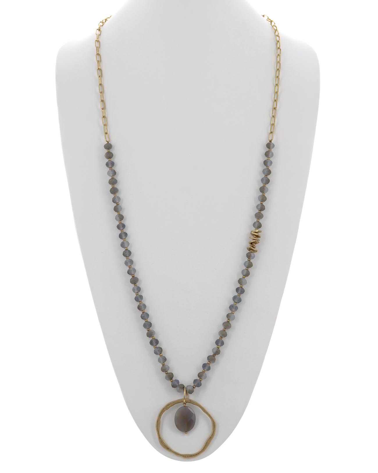 Circle Metal Pendant Beaded Acrylic Long Necklace