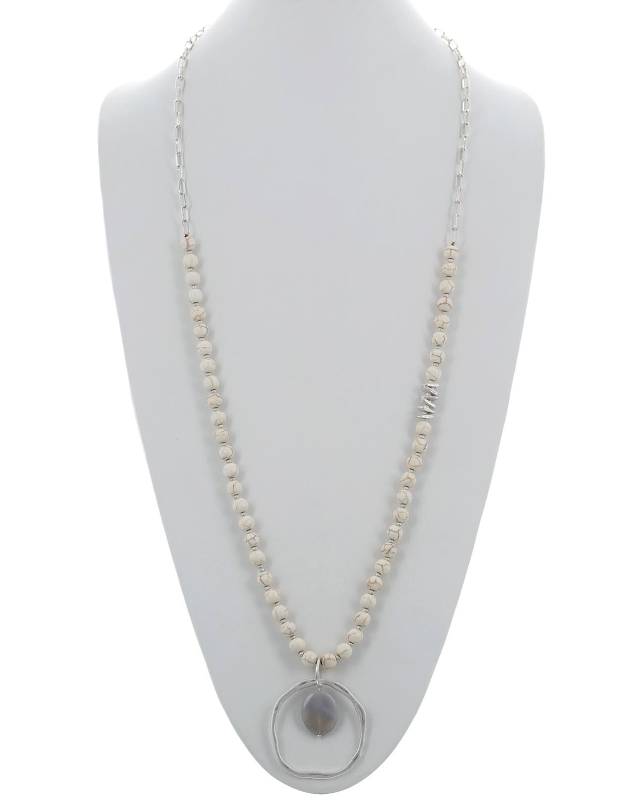 Circle Metal Pendant Stone Beaded Long Necklace