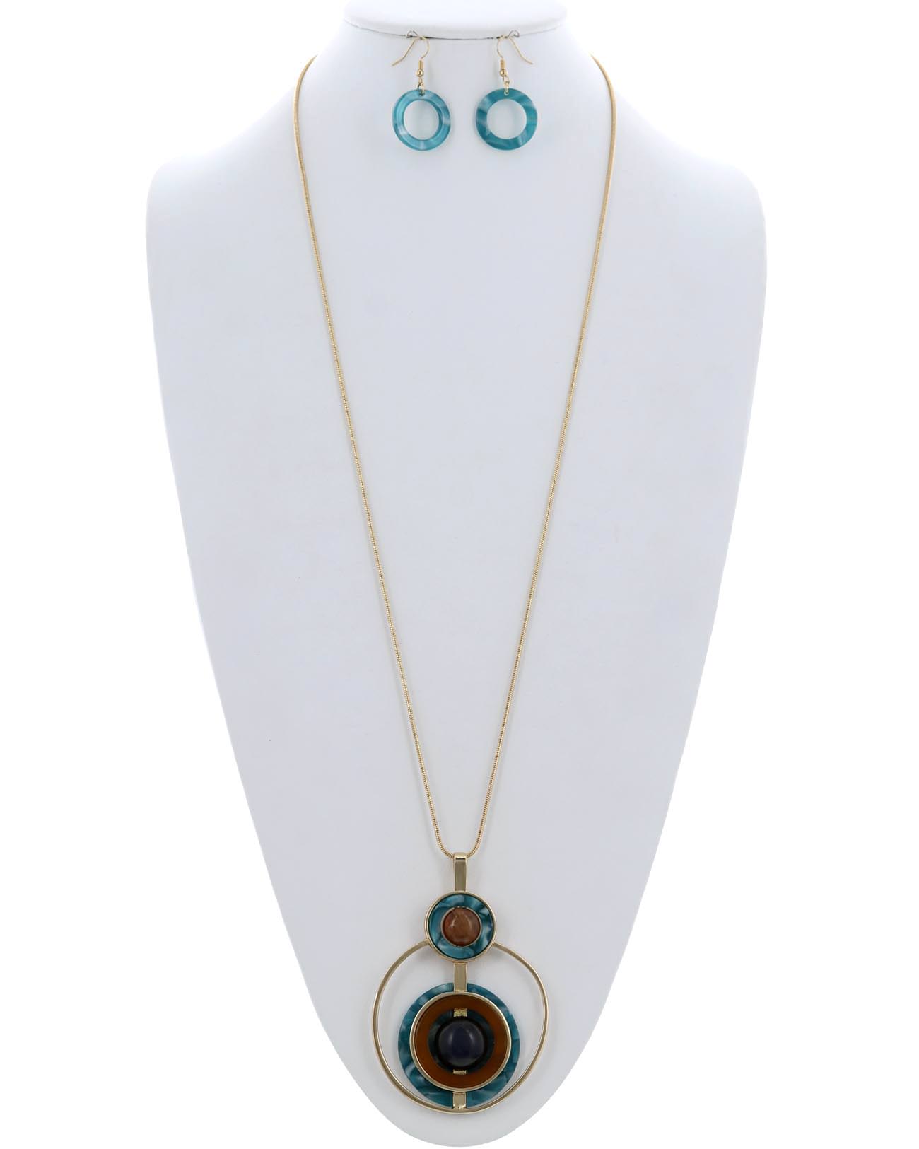 Metal Pendant Long Necklace & Earring Set