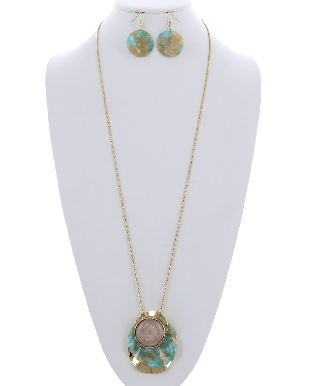 Metal Pendant Long Necklace & Earring Set