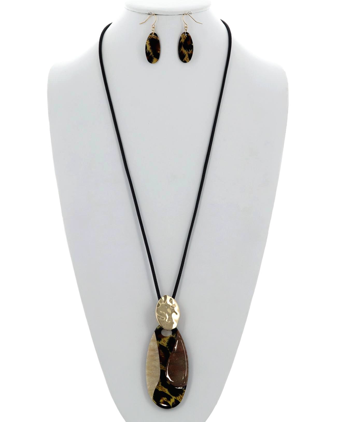 Animal Print Acetate Oval Pendant Long Necklace & Earring Set