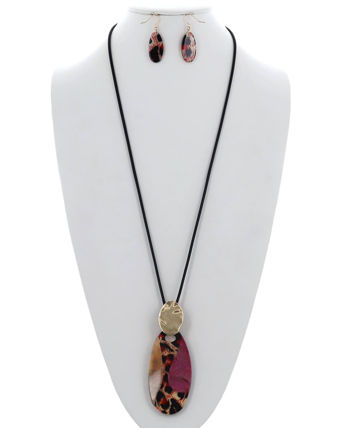Animal Print Acetate Oval Pendant Long Necklace & Earring Set
