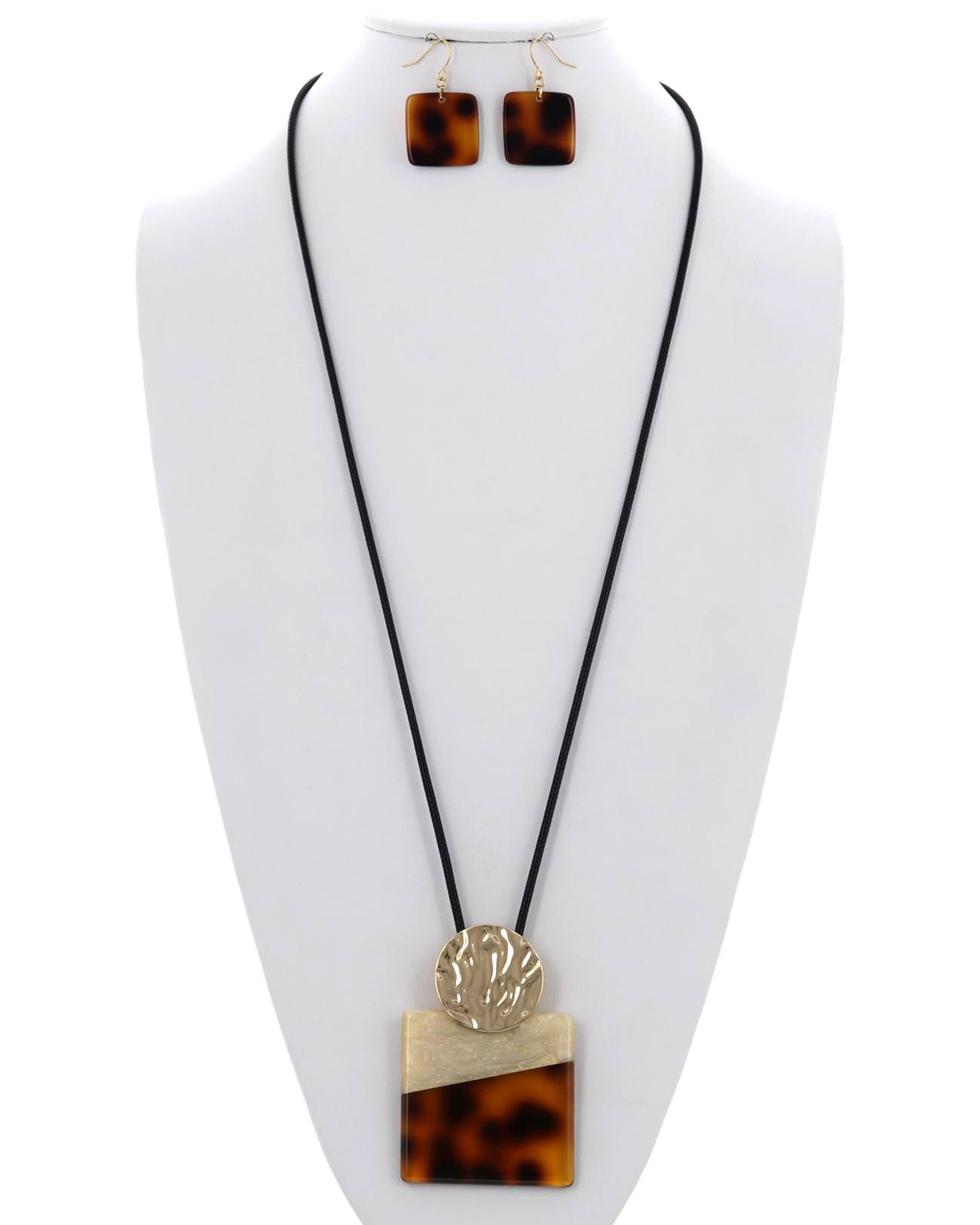 Acetate Square Pendant Cord Long Necklace & Earring Set