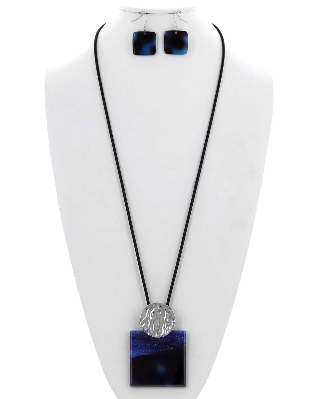 Acetate Square Pendant Cord Long Necklace & Earring Set