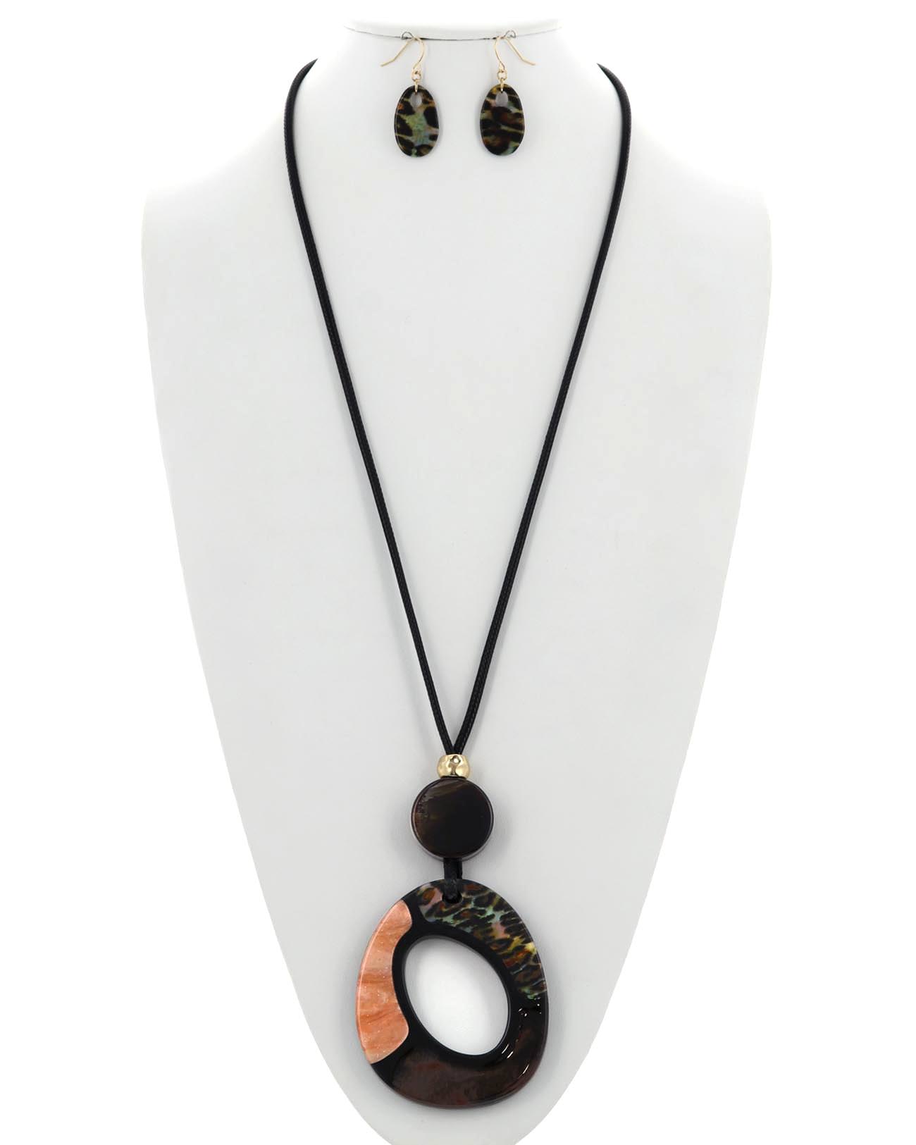 Animal Print Acetate Pendant Cord Long Necklace & Earring Set