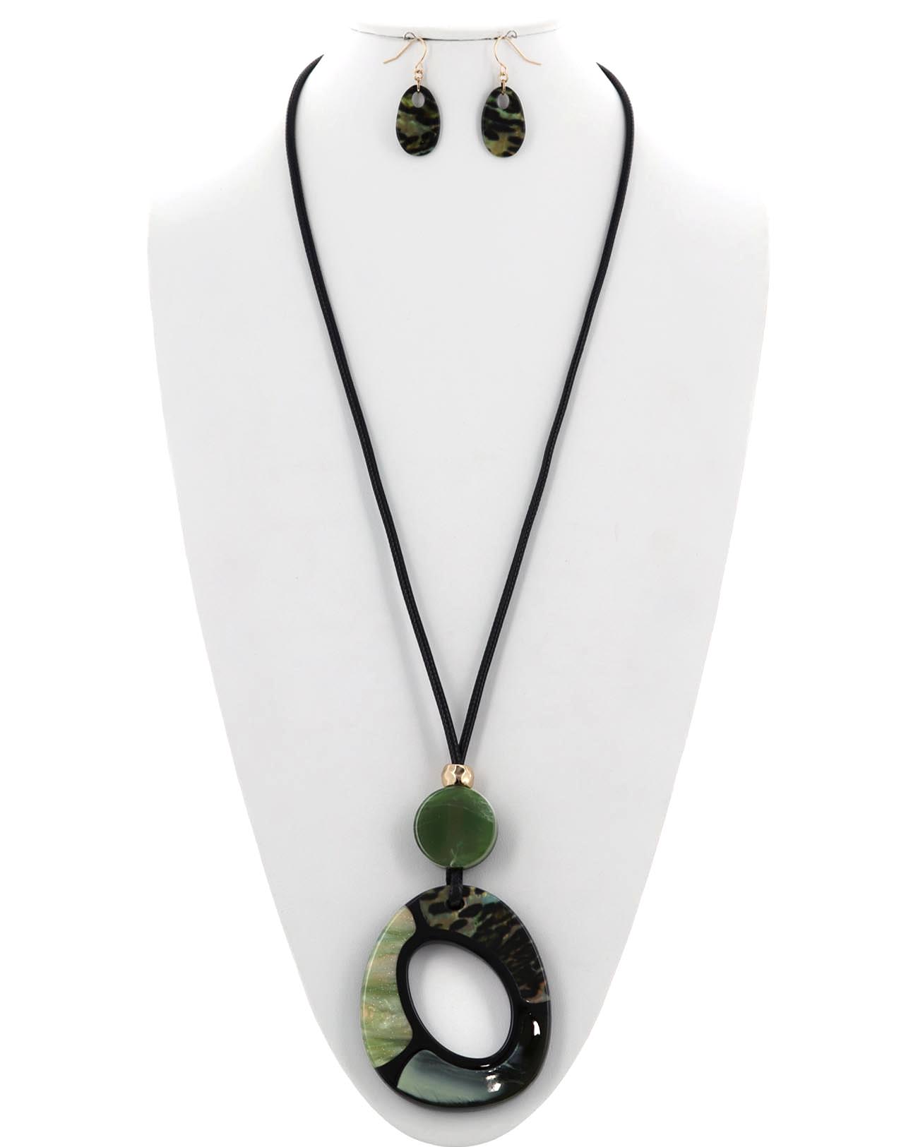 Animal Print Acetate Pendant Cord Long Necklace & Earring Set