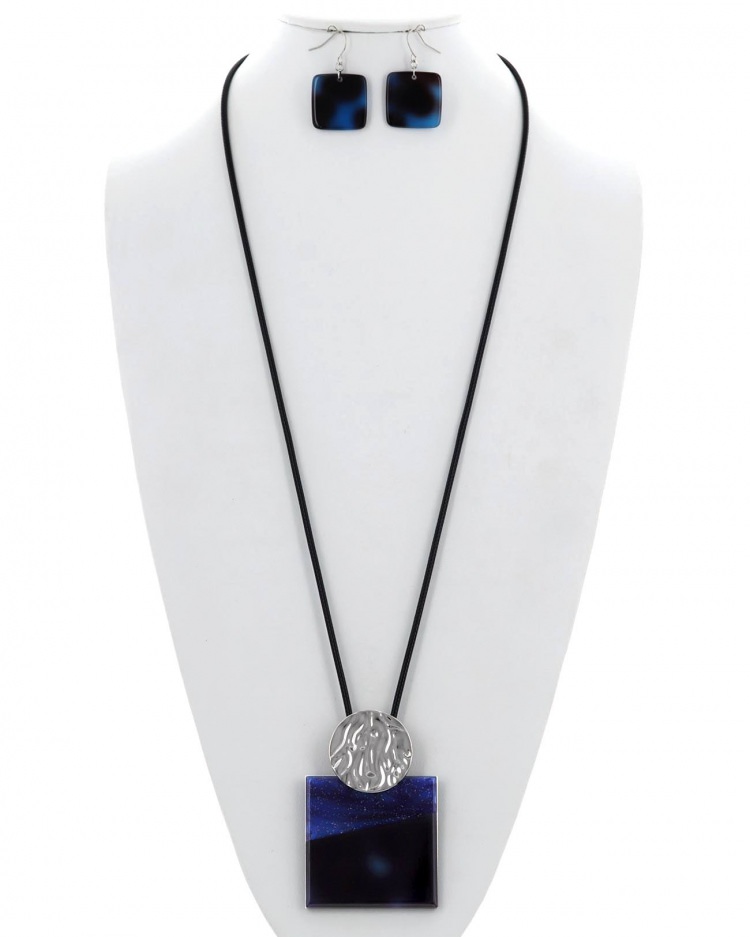Acetate Square Pendant Cord Long Necklace & Earring Set