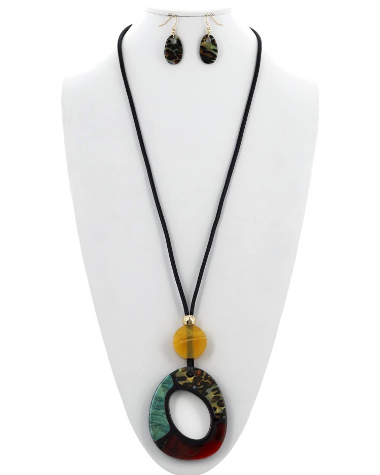 Animal Print Acetate Pendant Cord Long Necklace & Earring Set