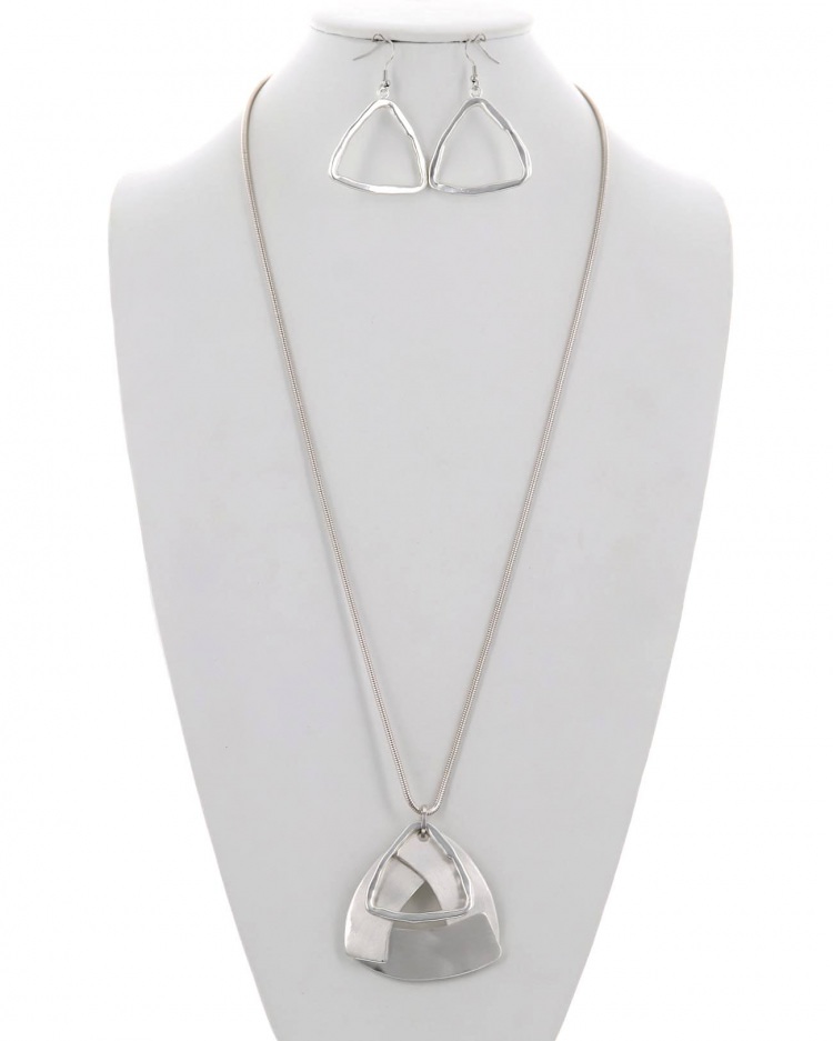 Metal Pendant Long Necklace & Earring Set