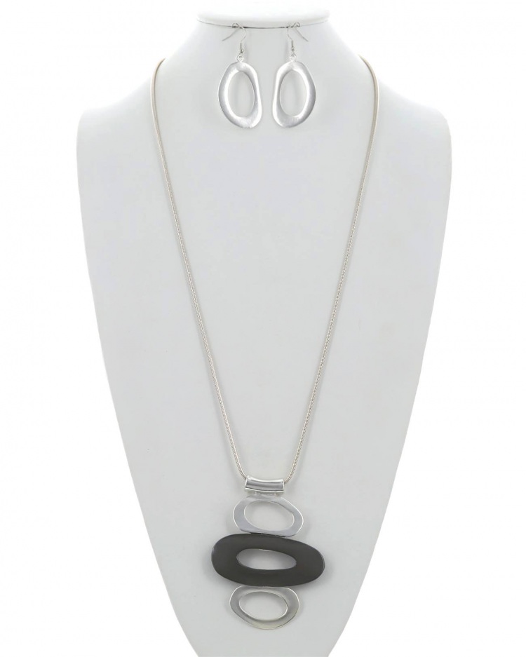 Metal Pendant Long Necklace & Earring Set