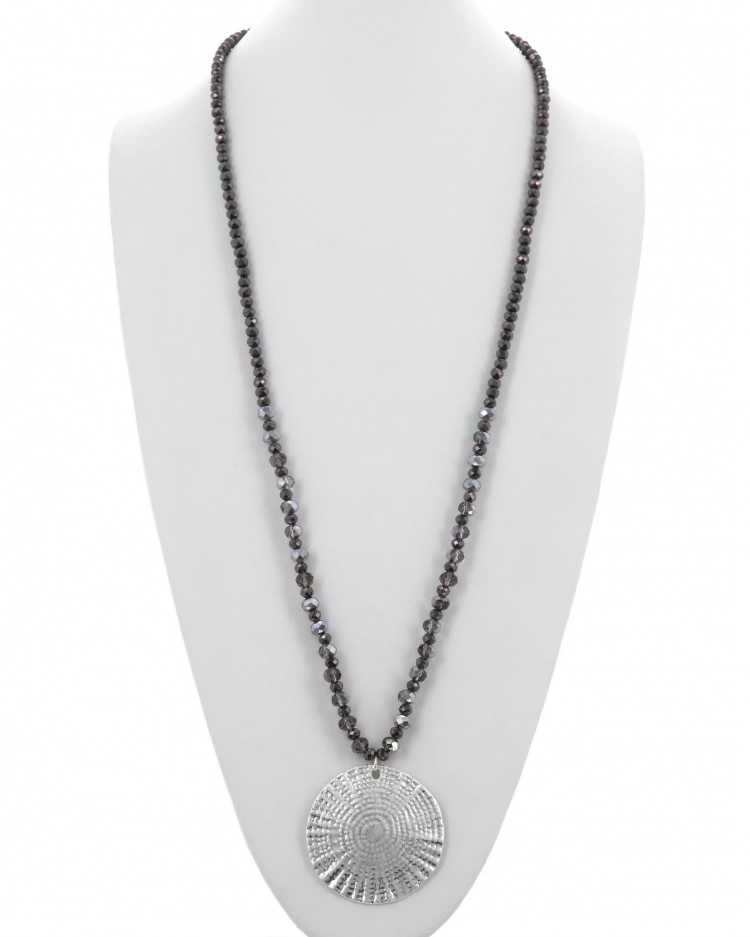 Round Metal Pendant Glass Beads Long Necklace