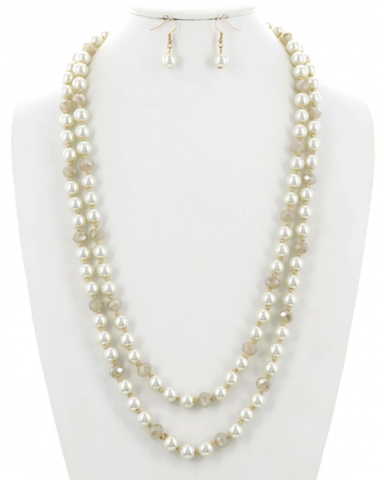 Bead Glass Pearl Long Necklace & Earring Set